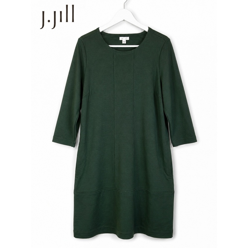 J. Jill Ponte Knit Dress M Petite Dark Green 3/4 Sleeve Shift Pockets Career